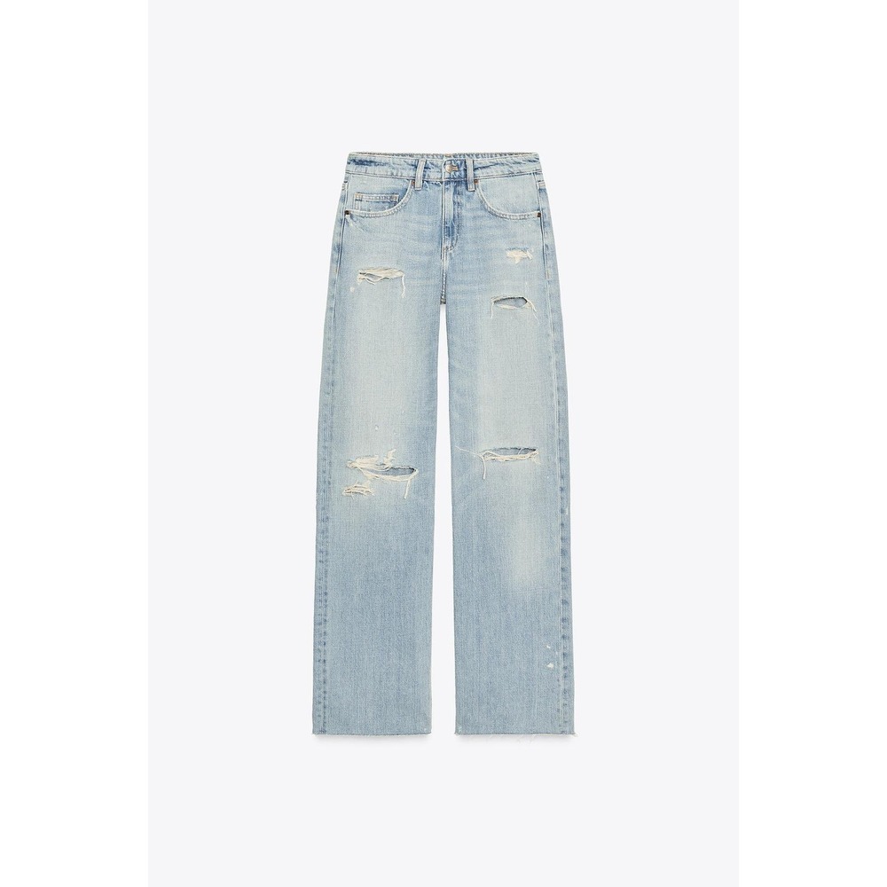 ZARA Women Light Wash High Rise Distressed Wide Leg Jeans Size 4 Long
